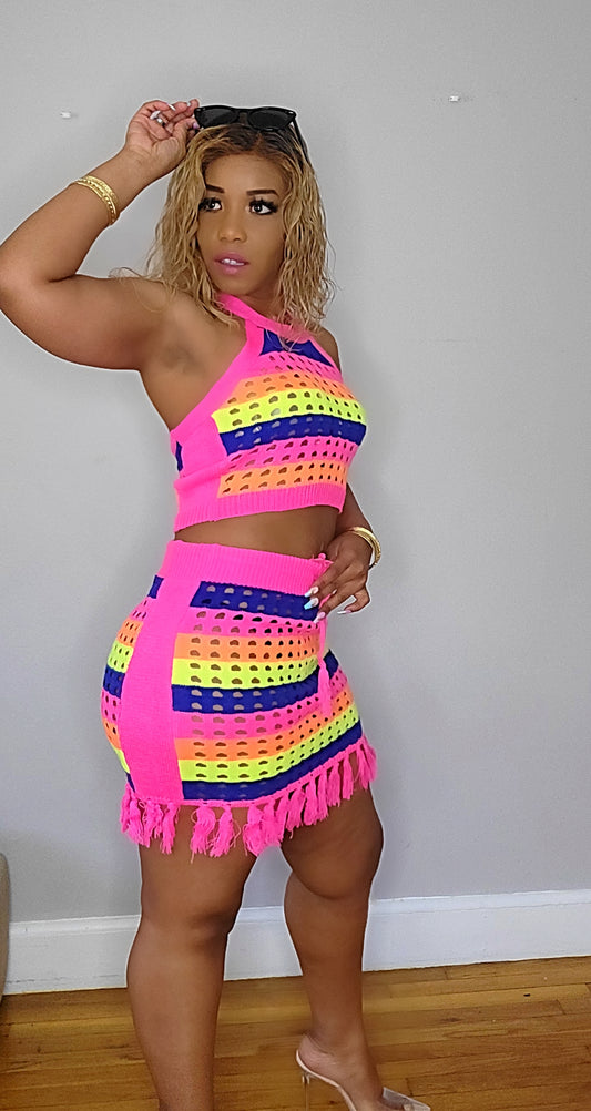Striped Multi Color Laser Cut Cropped Halter Top/short Skirt Knit 2 Piece Set With Tassels